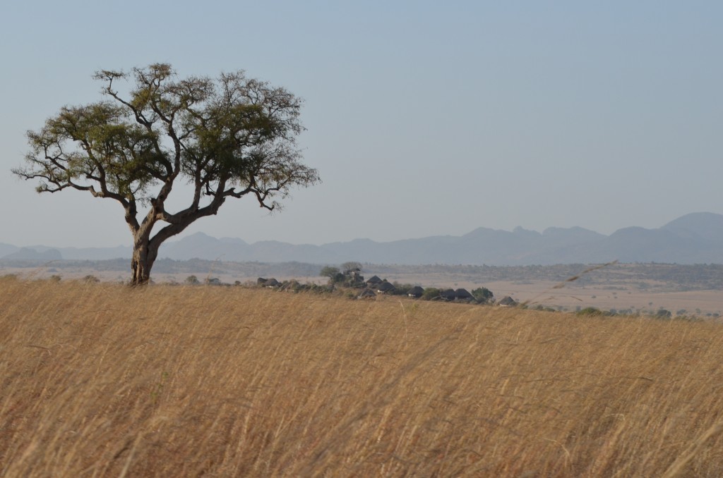 Die Apoka-Lodge, dahinter hohe Berge